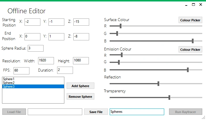 Form used for setting values of the spheres